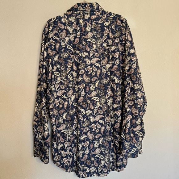 Neiman Marcus Shirt Size XXL Blue Tan Paisley Contrast Cuff Long Sleeve - Picture 2 of 16